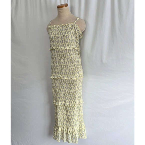 Mable Esme Sleeveless Tiered Ruffle Dress Women's L Yellow Purple Floral Midi - Picture 8 of 16